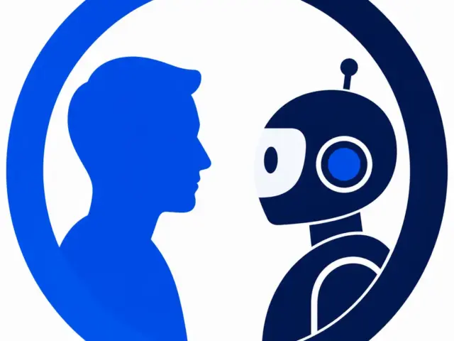 AI를 처음 접하는 사람과 AI가 마주보는 아이콘 일러스트