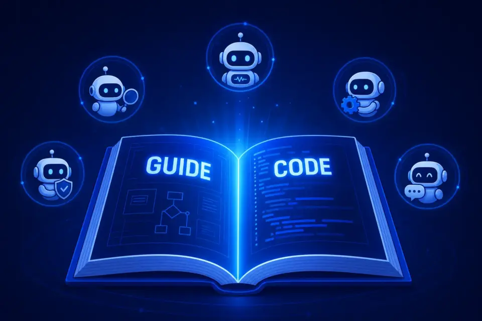 펼쳐진 책과 코드가 어우러진 GUIDE 상징 일러스트