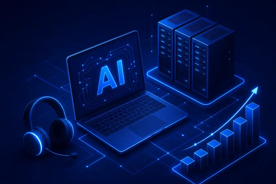 AI 도입을 상징하는 노트북·헤드셋·서버 아이소메트릭 일러스트